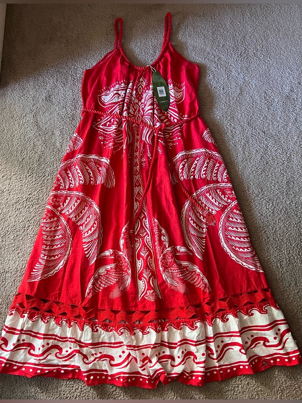 NWT Farm Rio Red Linen Blend Majestic Coconut Tree Maxi Dress Tropical Sz L - Picture 5 of 16